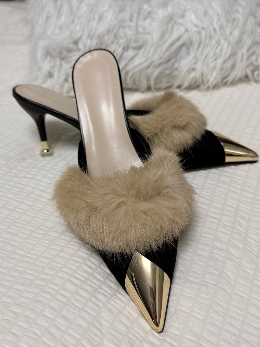 Black Pointed Mule Heels with Tan Fur Trim and Gold Toe